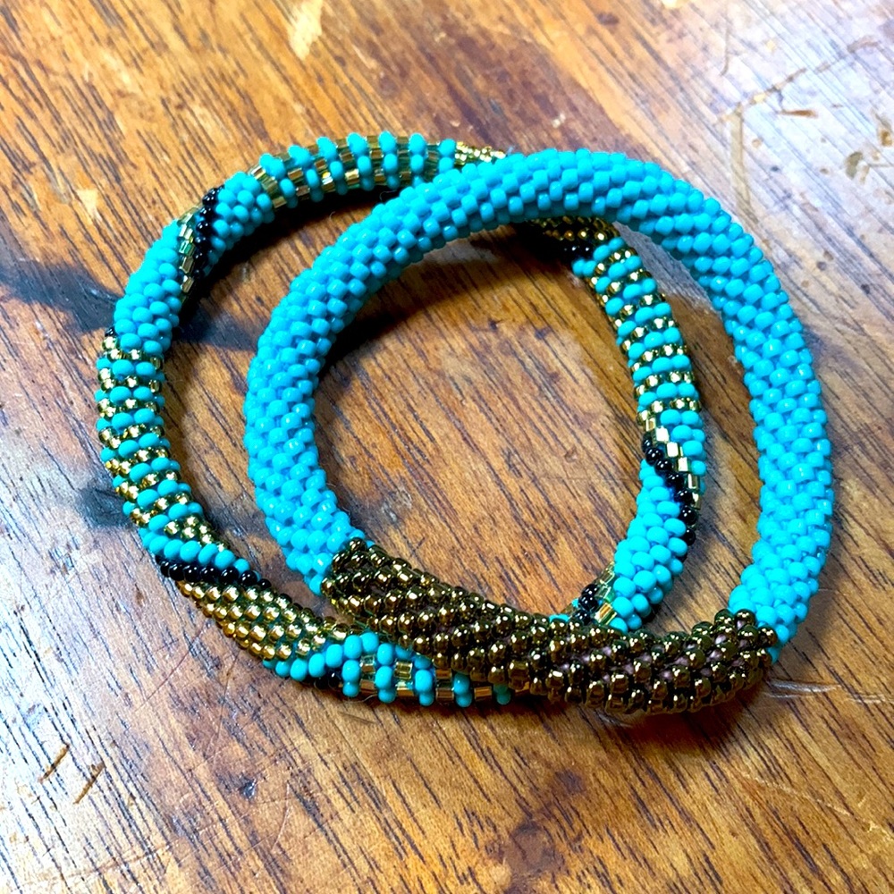 Handmade beaded bangle bracelets- teal